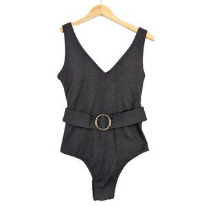 Stylish Swimwear One‎ Piece Swimsuit Womens S Black Textured Belted V-Neck Beach